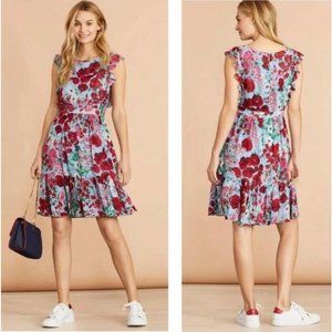 Brooks Brothers Womens Dress 10 Floral Print Flounced Red Fleece Blue Red Tiered